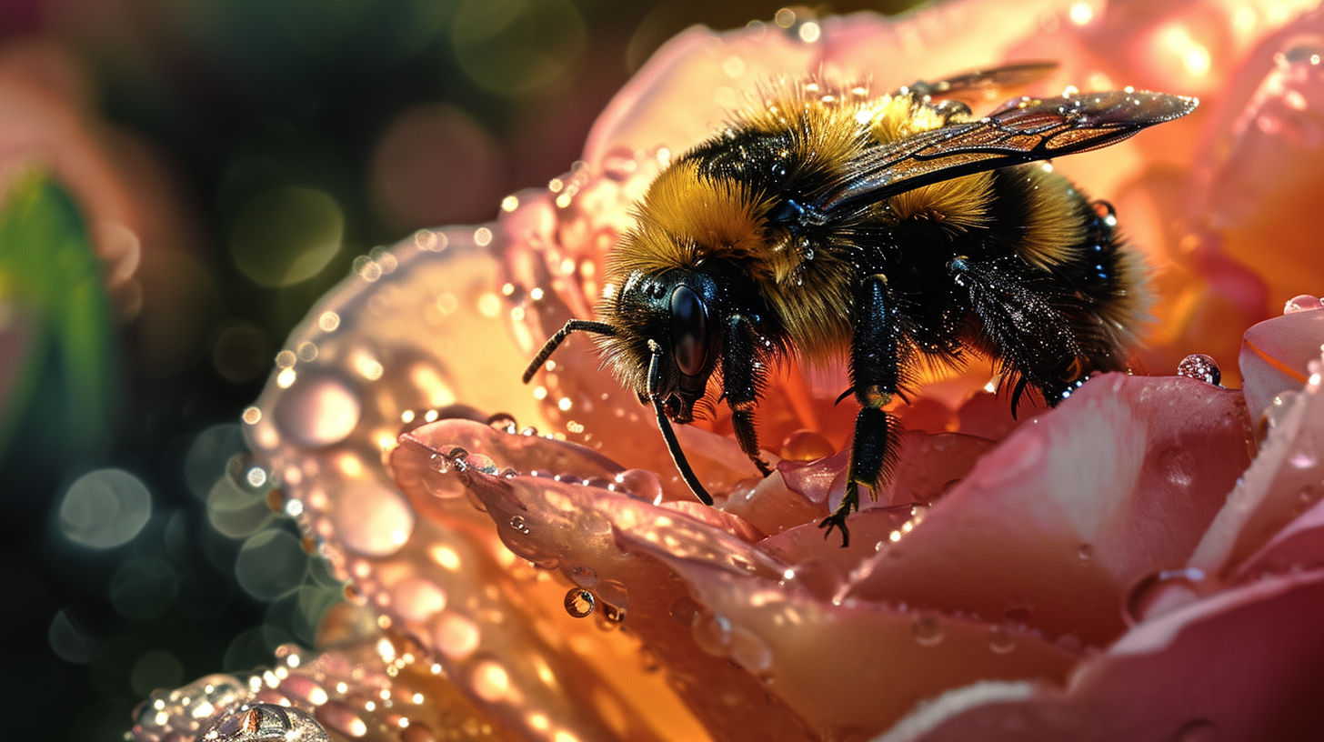 Bumblebee on Rose Petal in Rain