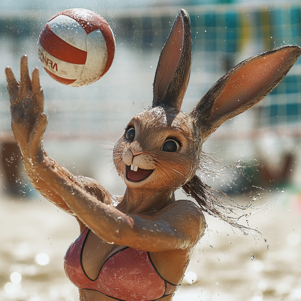 bunny girl spiking ball with sweat glistening arms