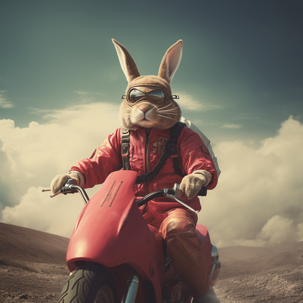 Man in bunny suit on red motorcycle