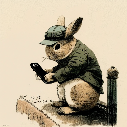 Bunny in newsboy cap scrolling phone