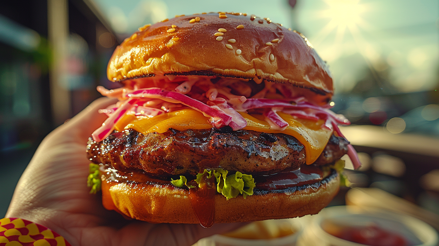 Burger with colorful sleeve in hand