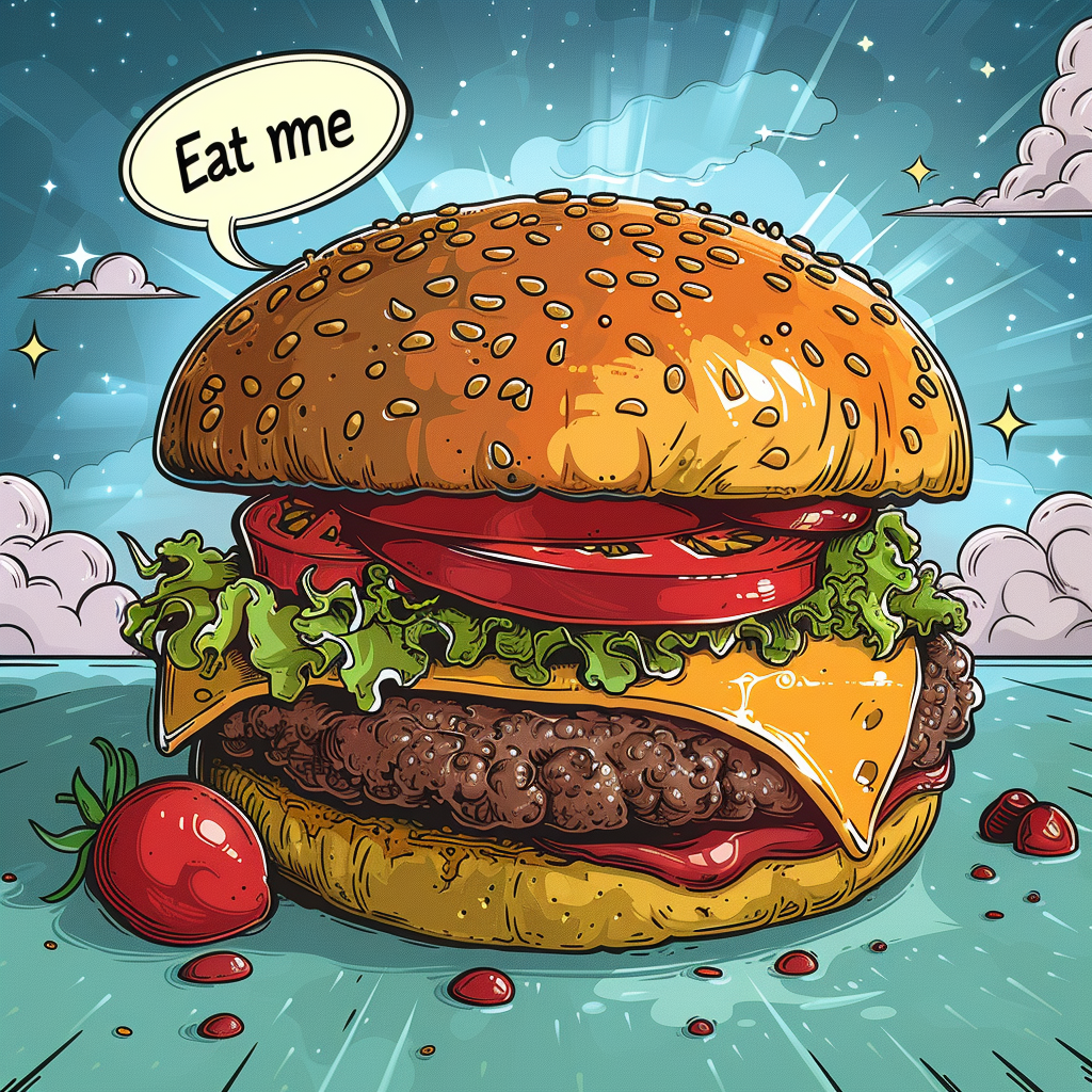 Burger icon with  Eat me  speech bubble