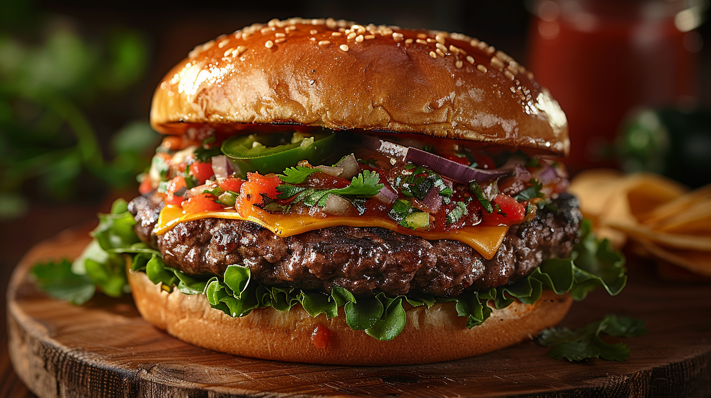 Burger on wooden board with delicious ingredients