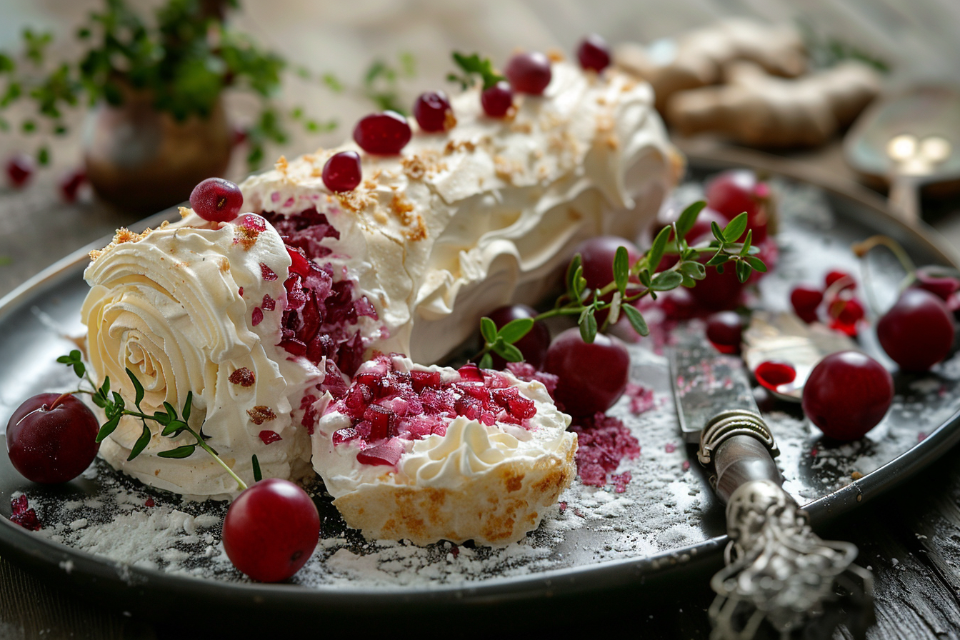 Burgundy meringue roll cream cheese