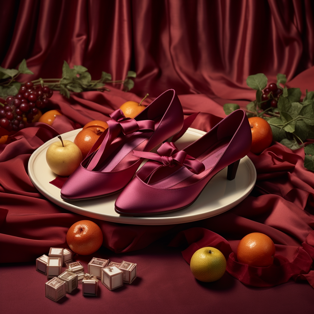 Burgundy Satin Ballet Flats with Ribbons and Fruits