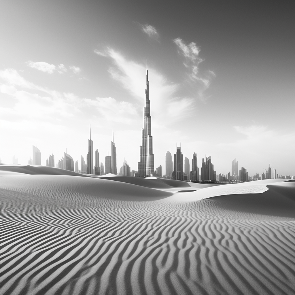 Burj Khalifa in black and white with dunes and logo