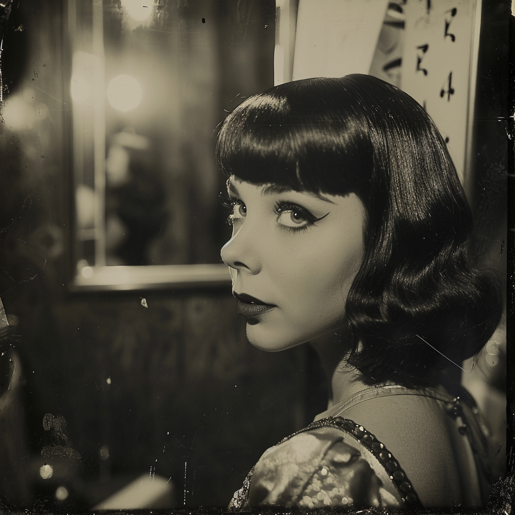 Burlesque girl with black hair in dressing room