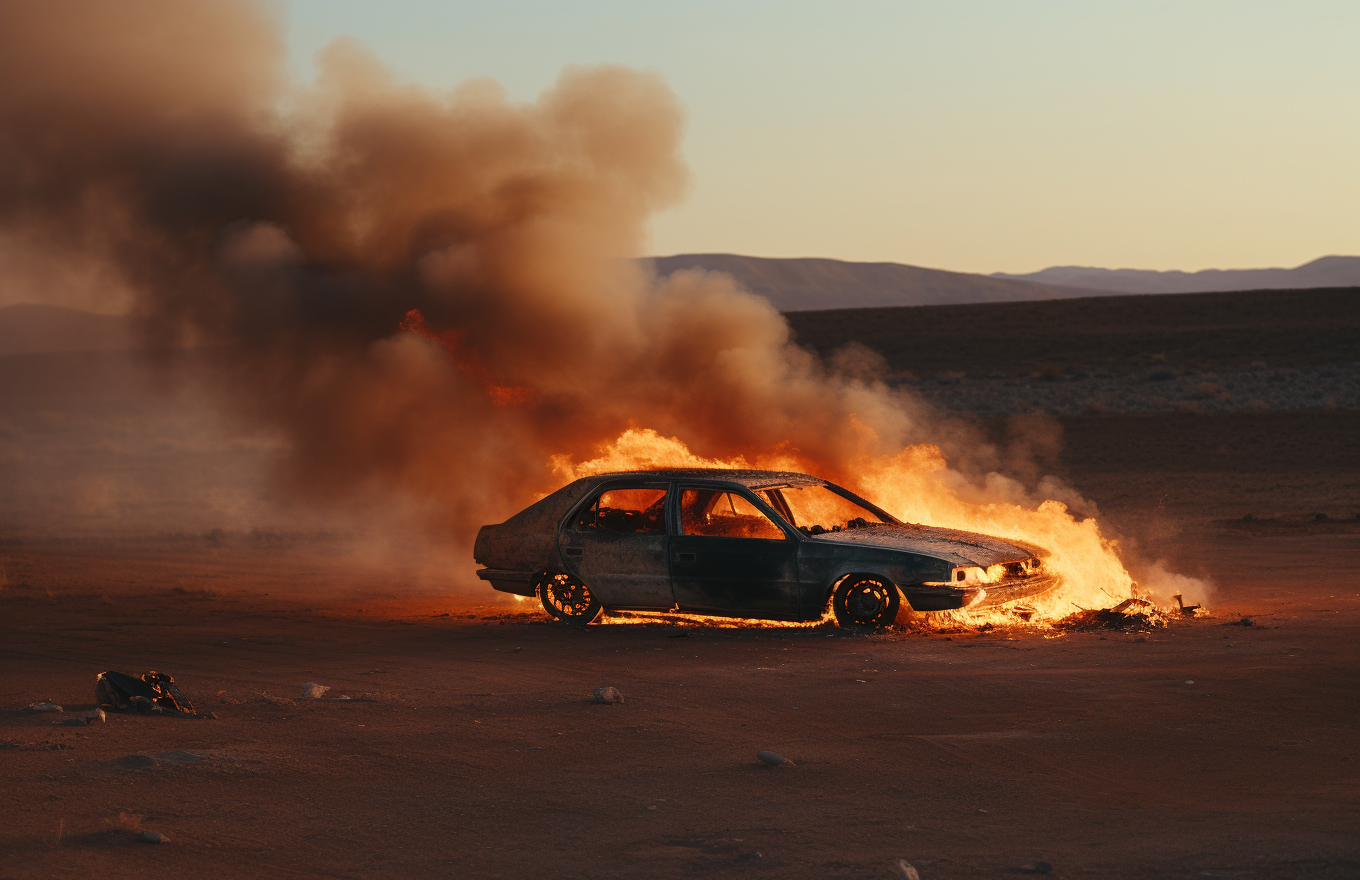 Burned car in desert with flames