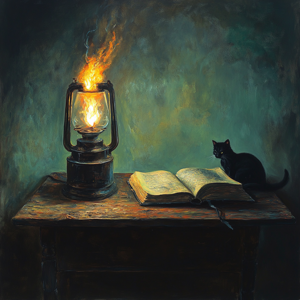 Lamp, Book, Cat, Table Painting