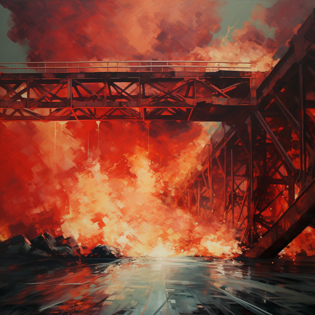 Symbolic bright red burning bridges