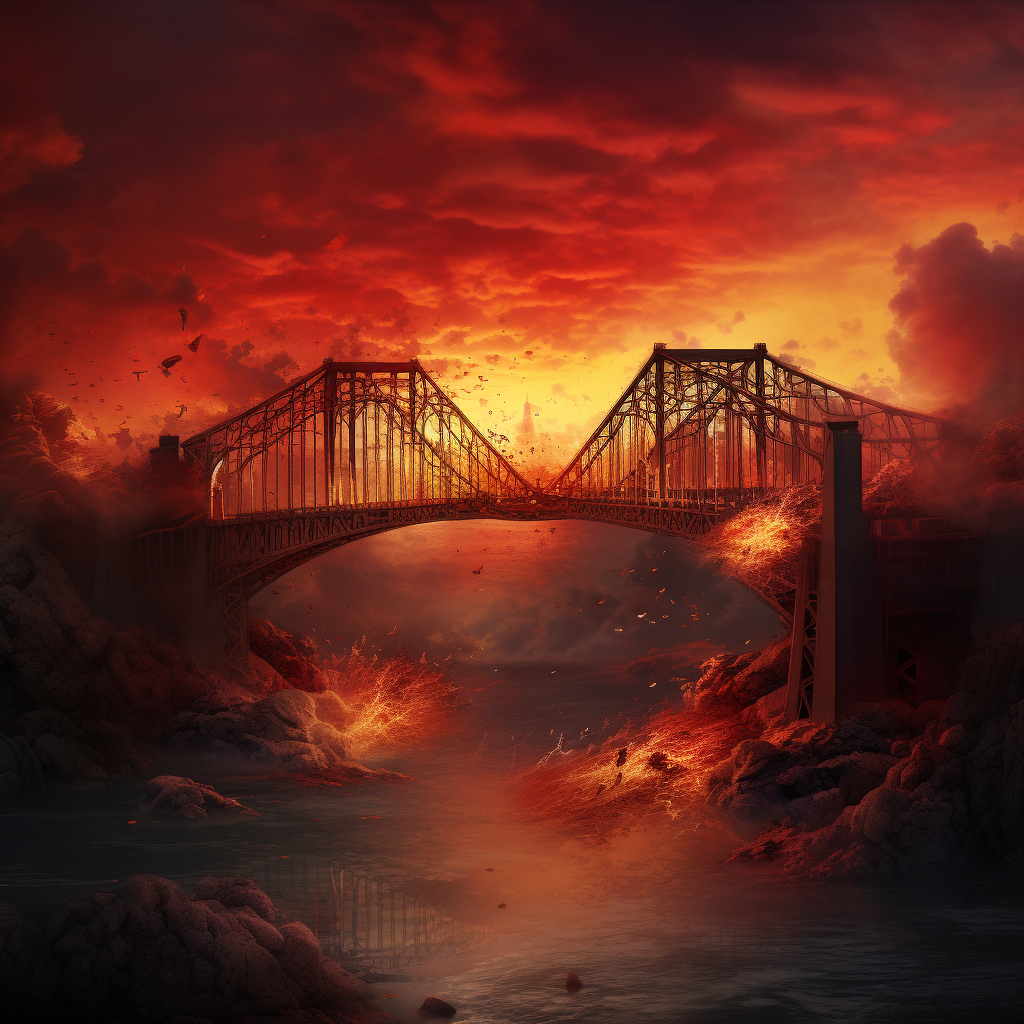 Bright red symbolic bridge on fire