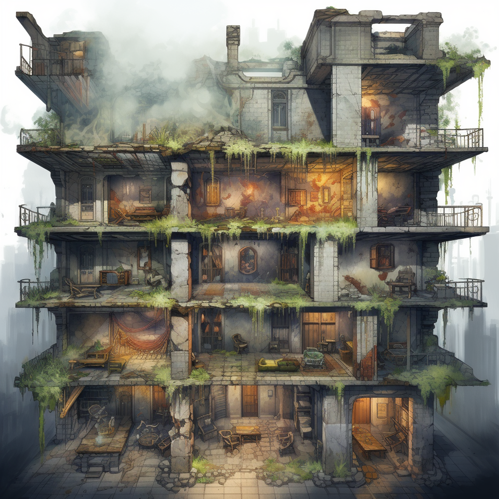 Tactical Battlemap with Burning Building and Ruined Windows