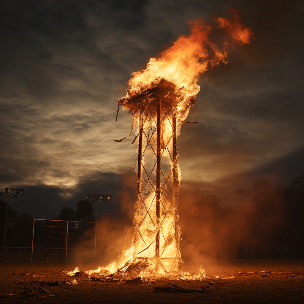 Burning football field goal post