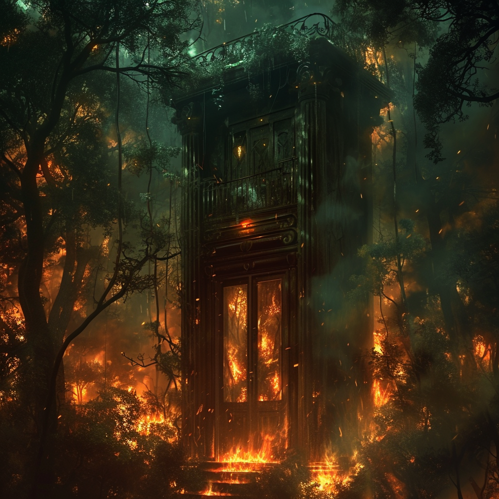 Burning forest with eerie elevator cabin