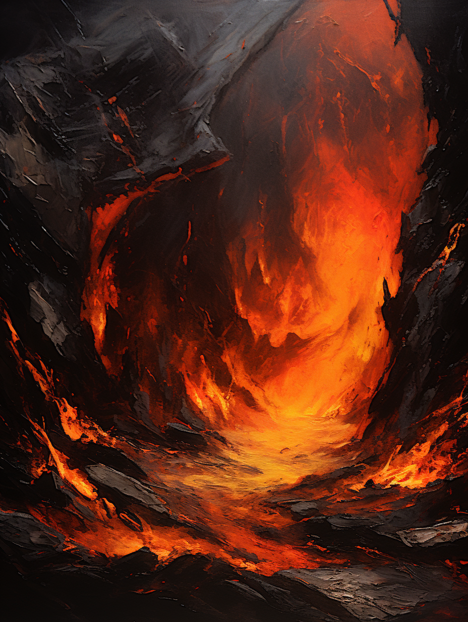 Bold brush stroke acrylic painting of a lava-filled forge