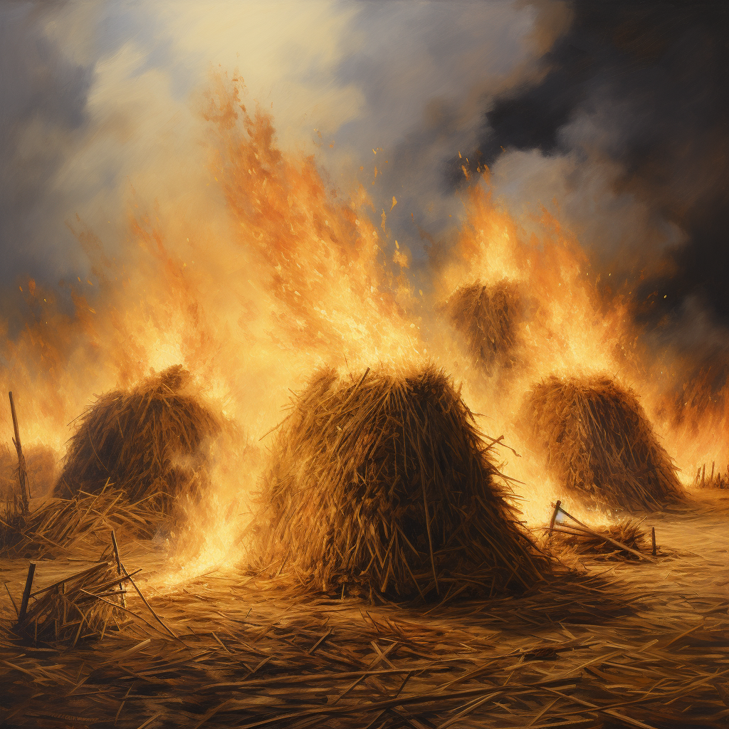 Fiery scene with burning haystacks