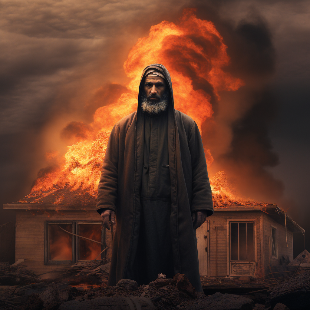 Islamic man in front of burning house