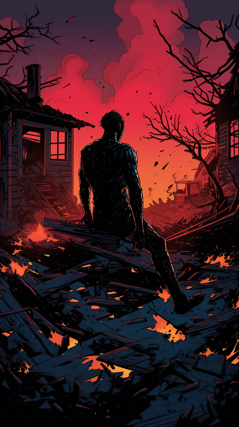 Silhouette of Man Crawling Out of Burned House