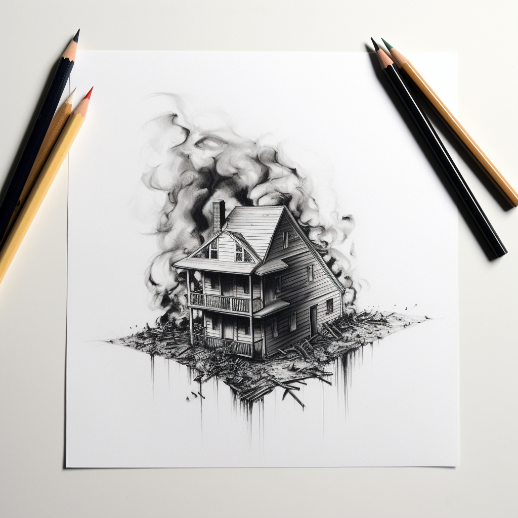 Minimalistic pencil art of burning house