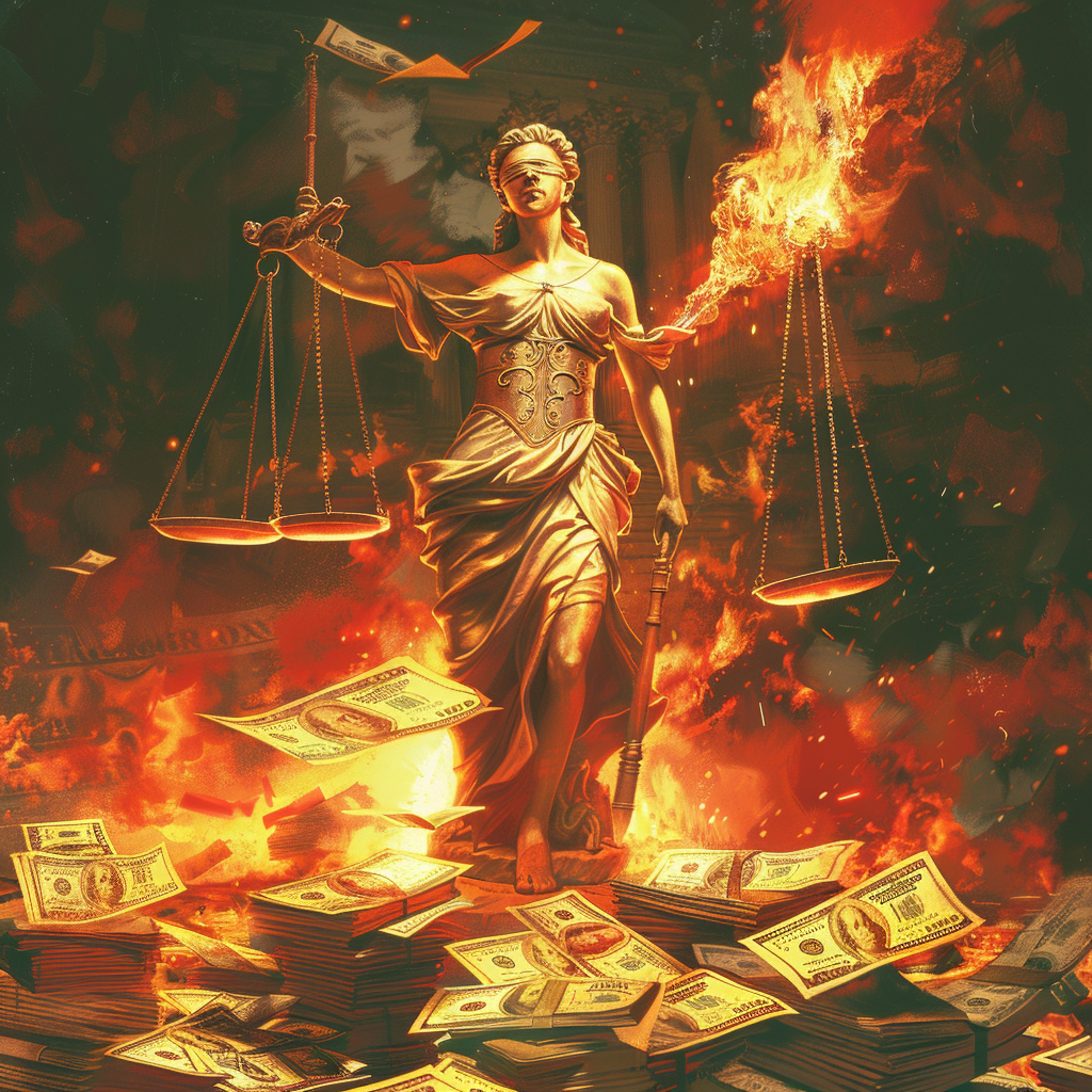 Burning blind justice statue money