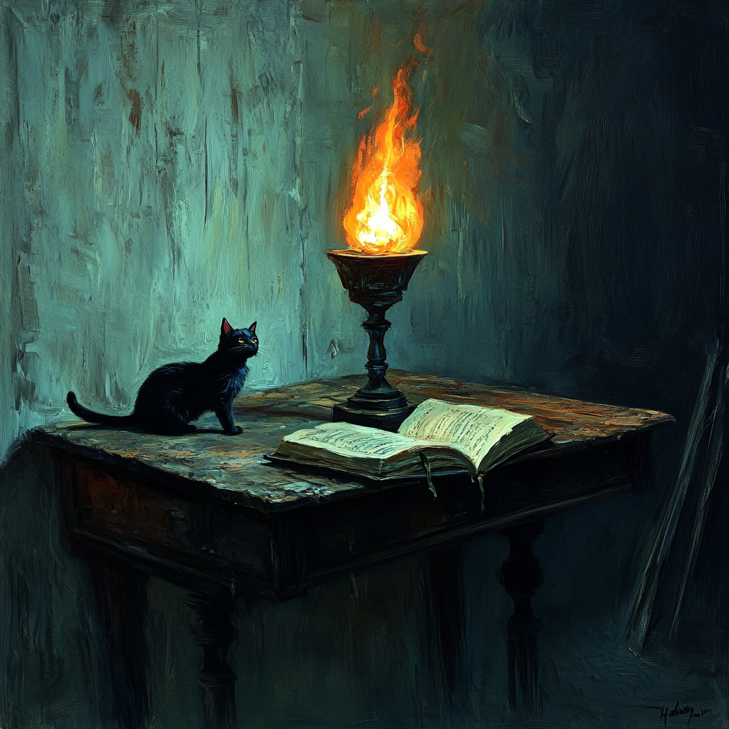 Burning lamp and open book on table