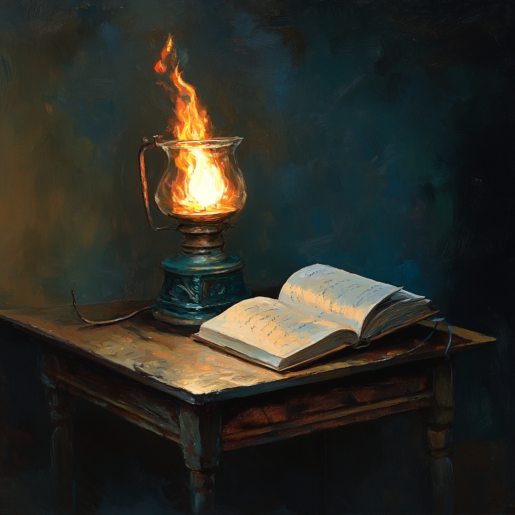 Oil painting of burning lamp on open book