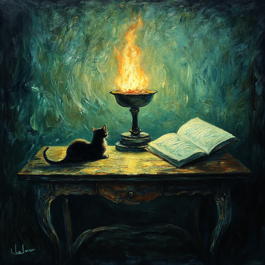 Oil painting of burning lamp and open book