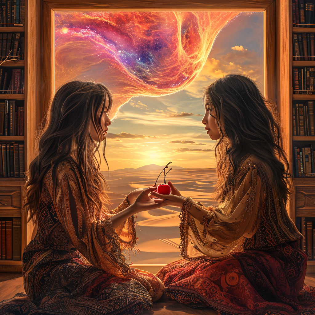 Two girls in Burning Man clothing in desert library mirage