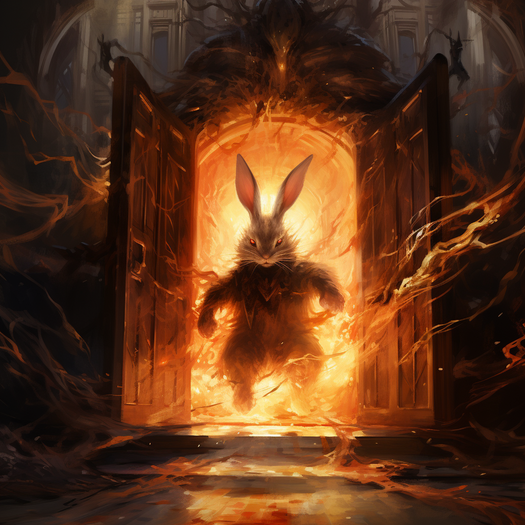 Bunny charging out of burning mansion