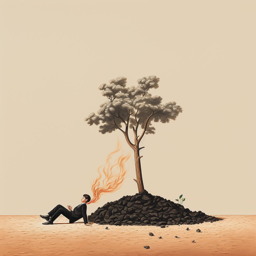 Minimal art of person lying under burning money tree