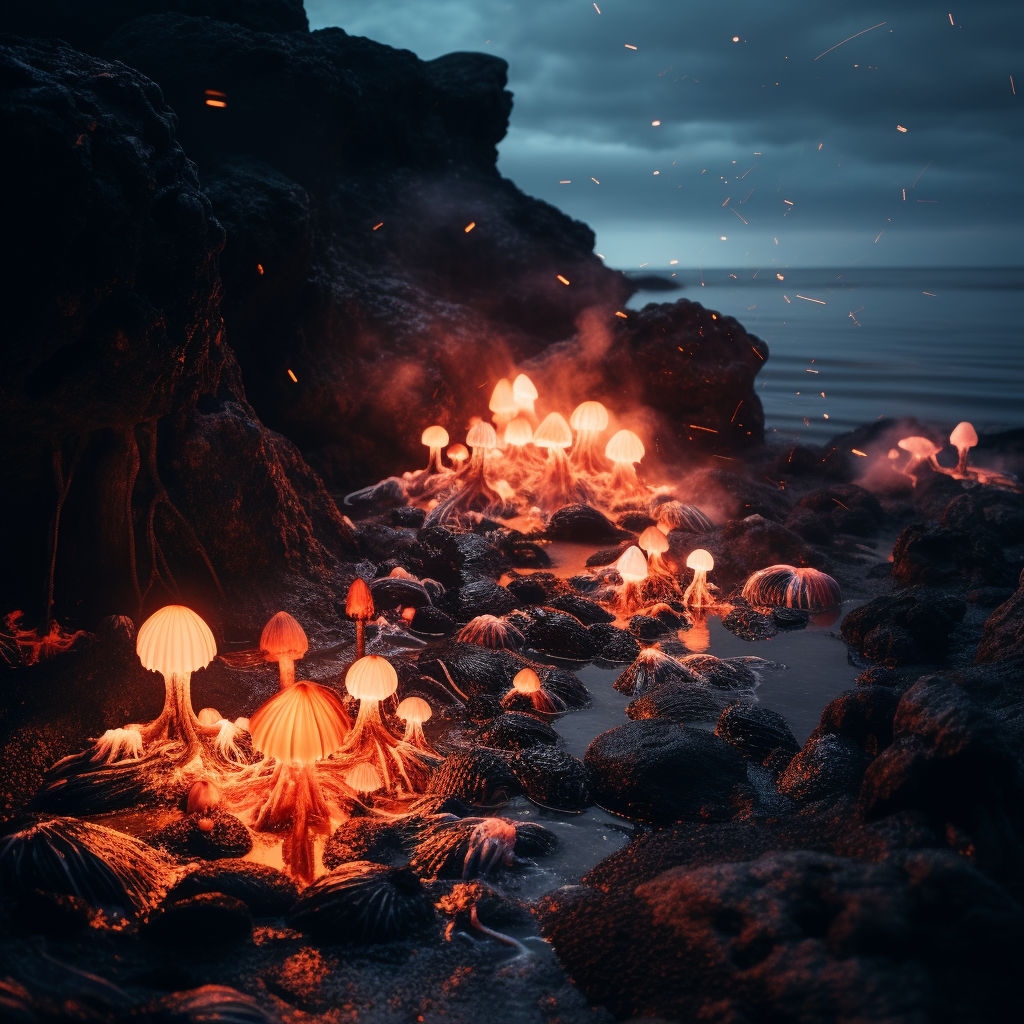 Mesmerizing bonfire of burning mushrooms