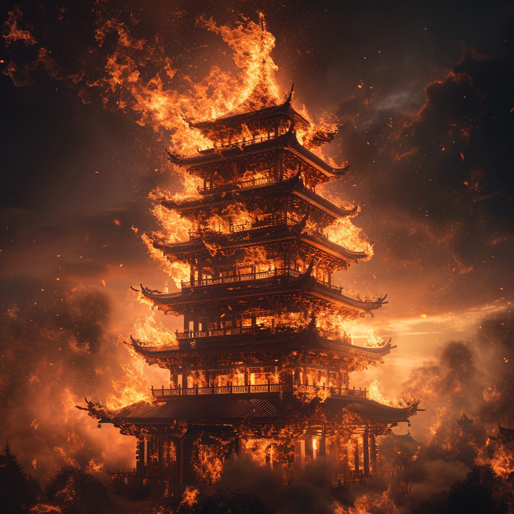 Burning Pagoda on Fire Surreal