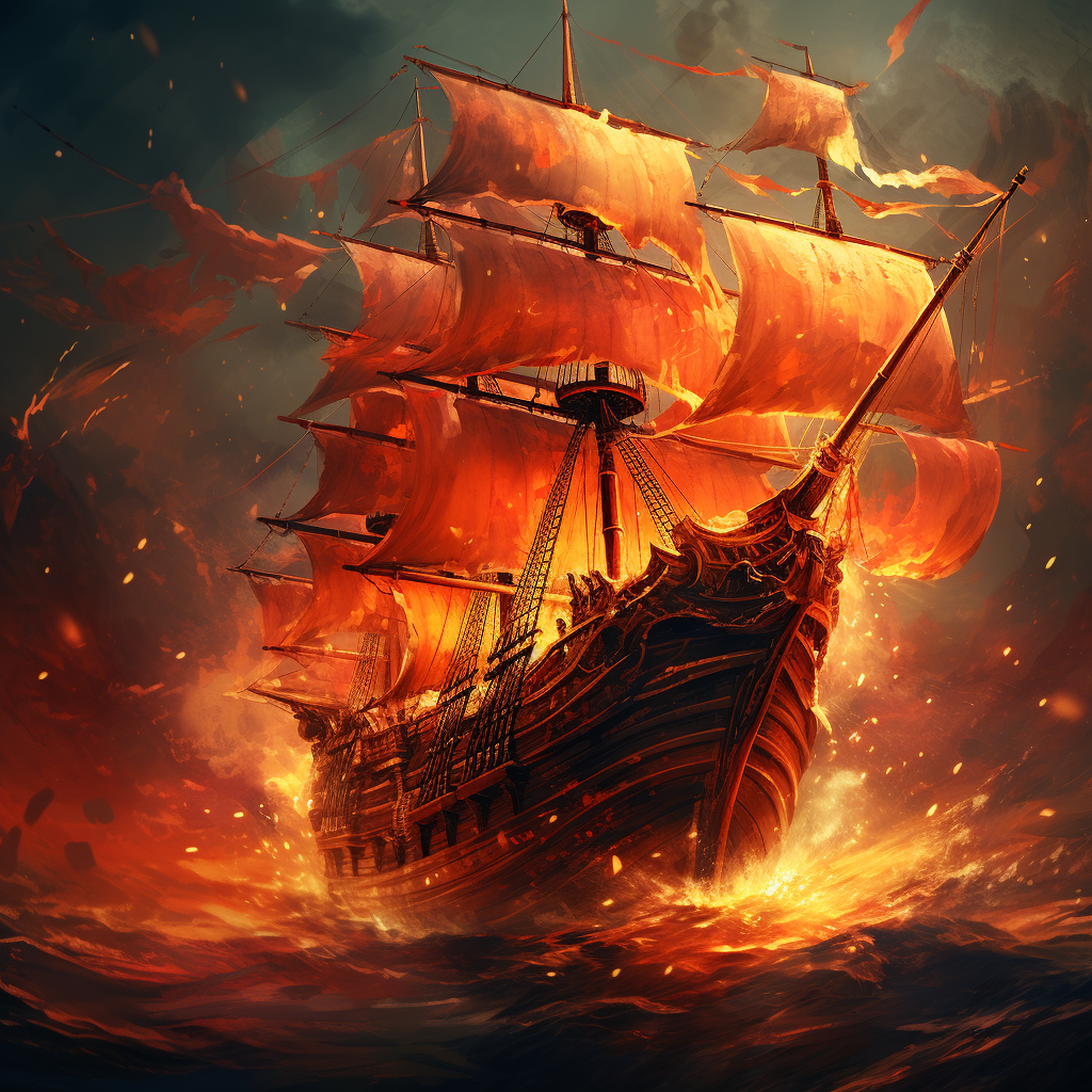 Burning ship with cardinal sail in realistic vintage style