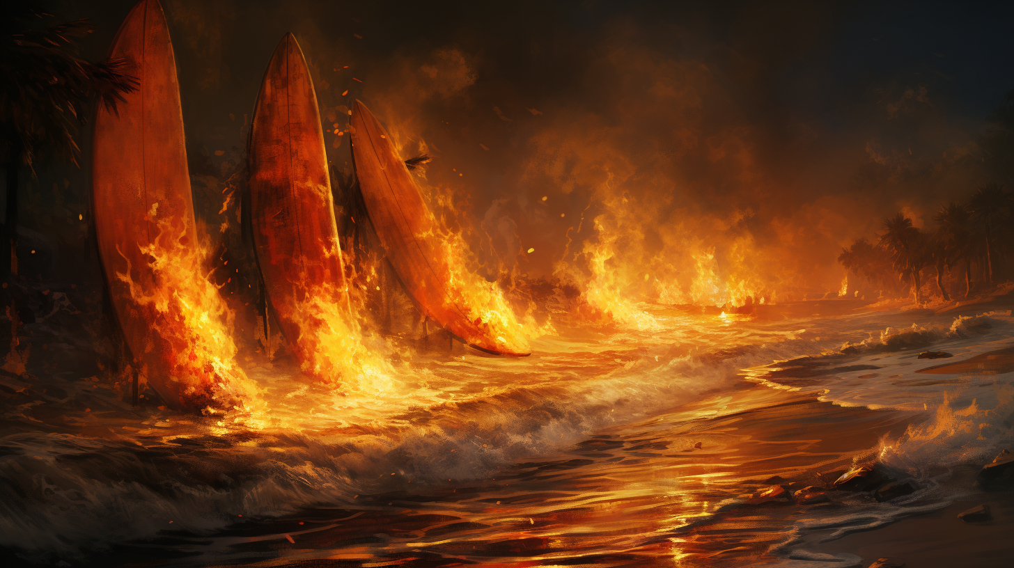 Burning surfboards on stormy beach