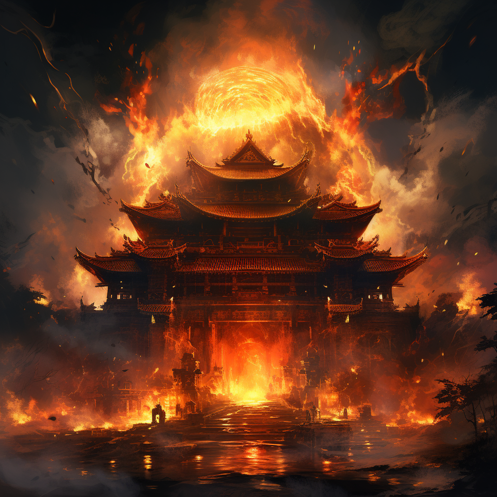 Fantasy art of a burning temple