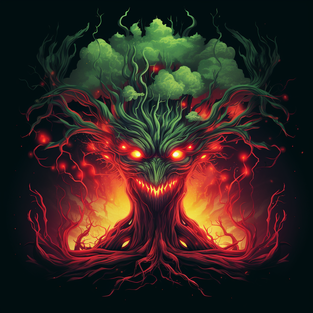 Burning Tree Elemental in Red Green Fantasy Horror