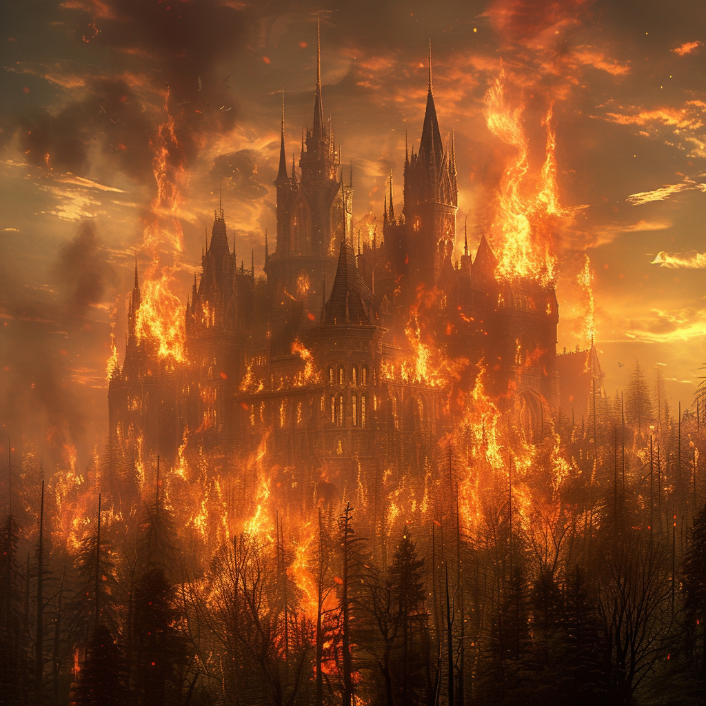 Burning trees near giant castle