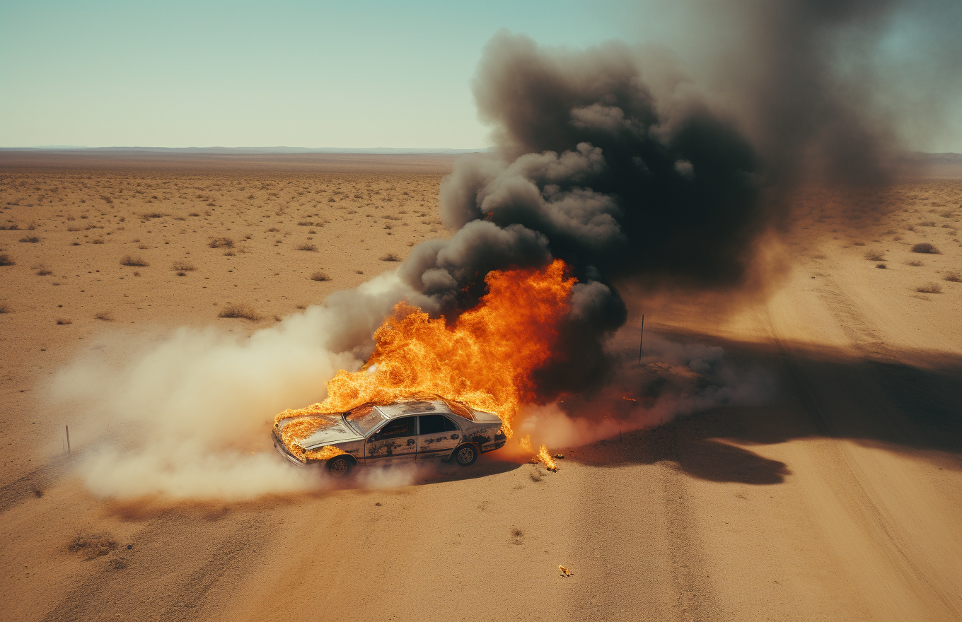 Burning vehicle in desert activism aerial