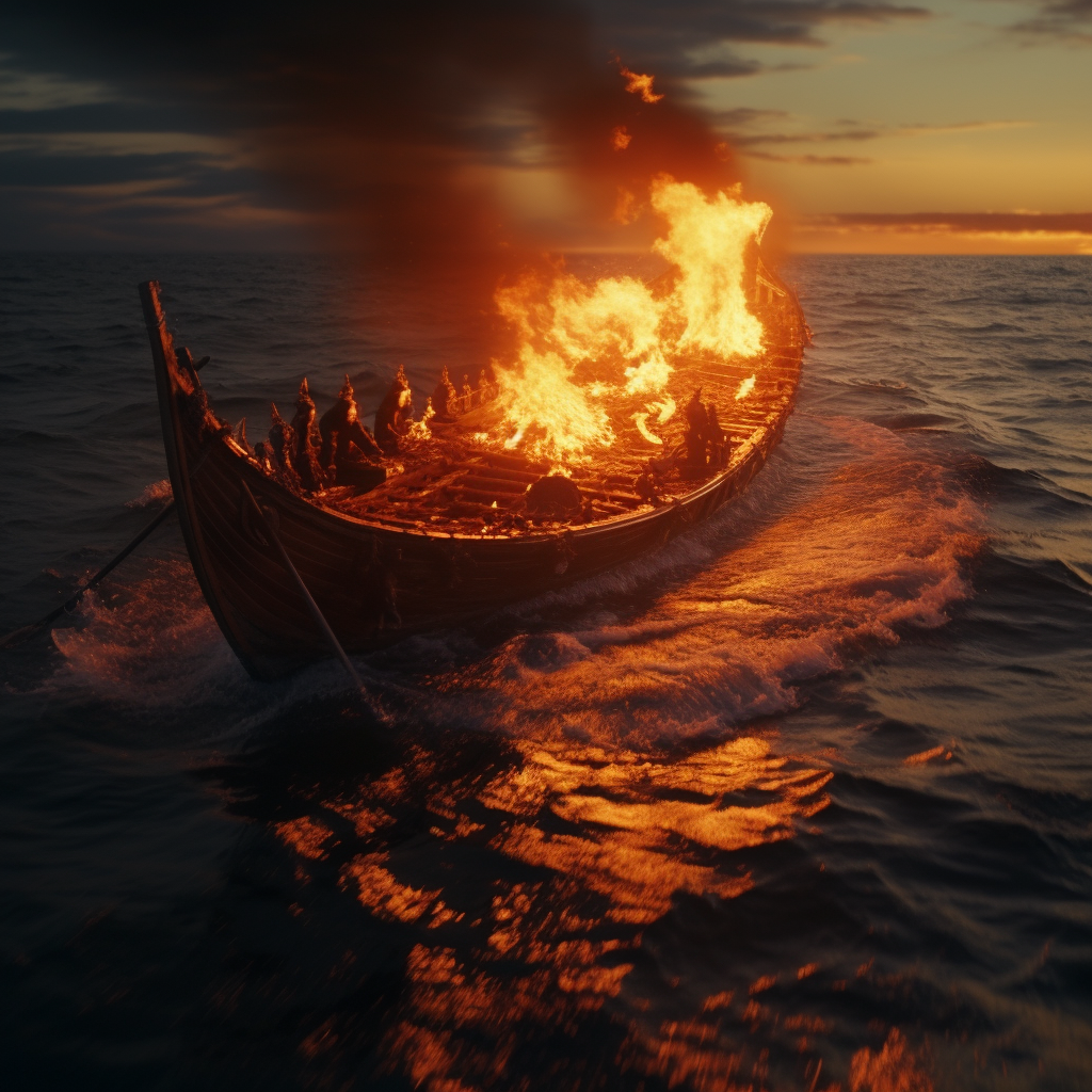 Burning Viking Boat on Sea