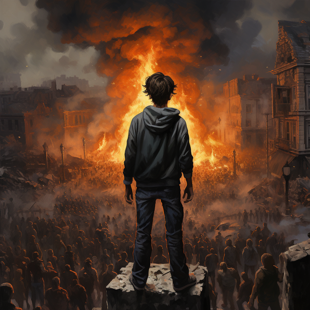 Young boy standing above burning city chaos