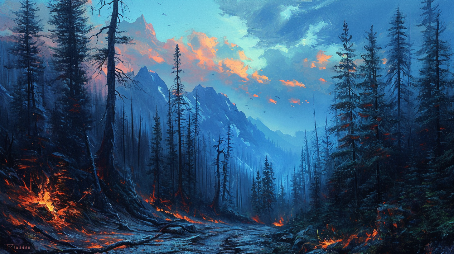 Scenic night view of burnt forest