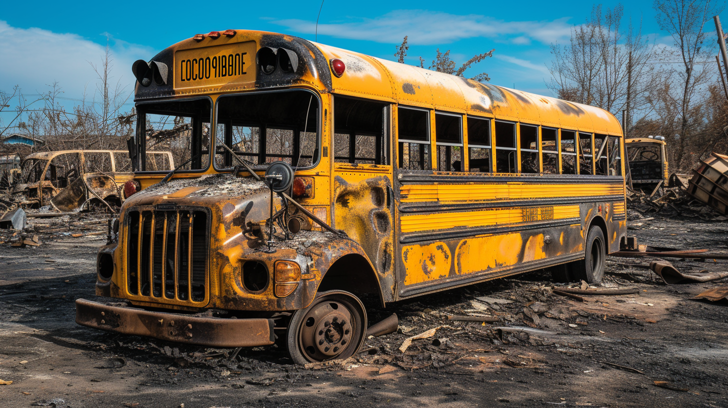 Burnt School Bus Tank Fireman Truck Yellow Bus Pump