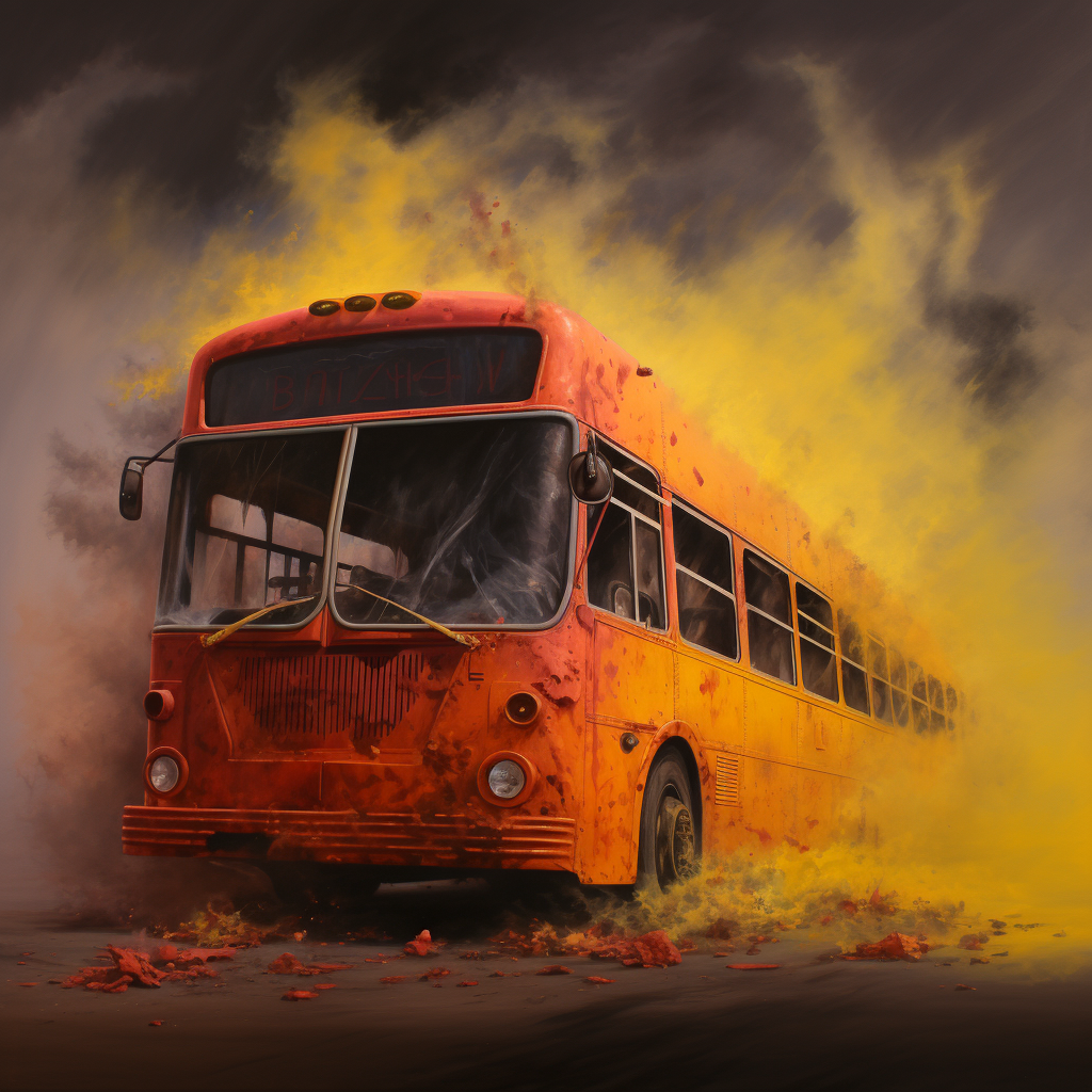 Vibrant bus with red and yellow smoke