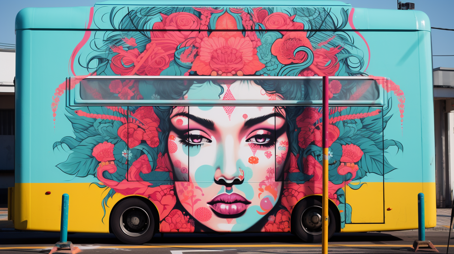 Colorful bus and girl street art