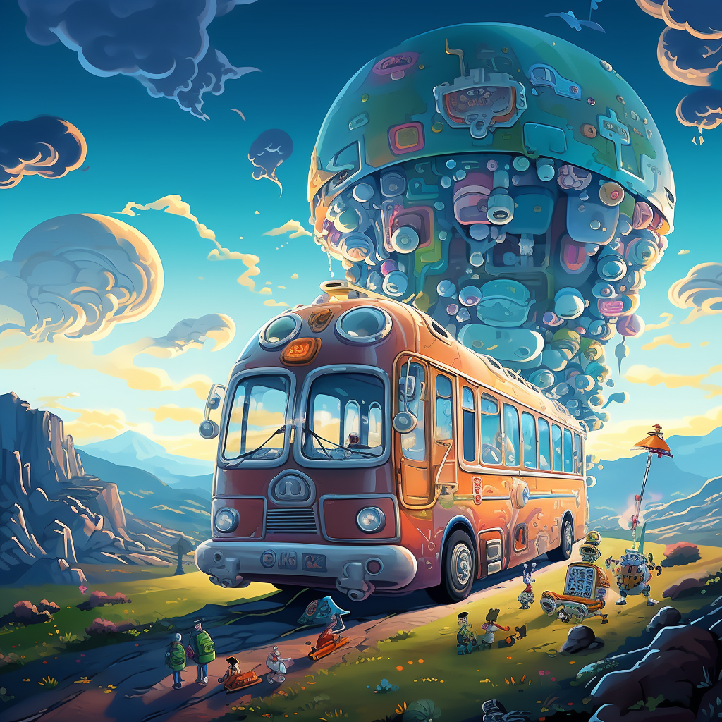 Abstract fantasy image of bus robot and Tim's dreamland adventure