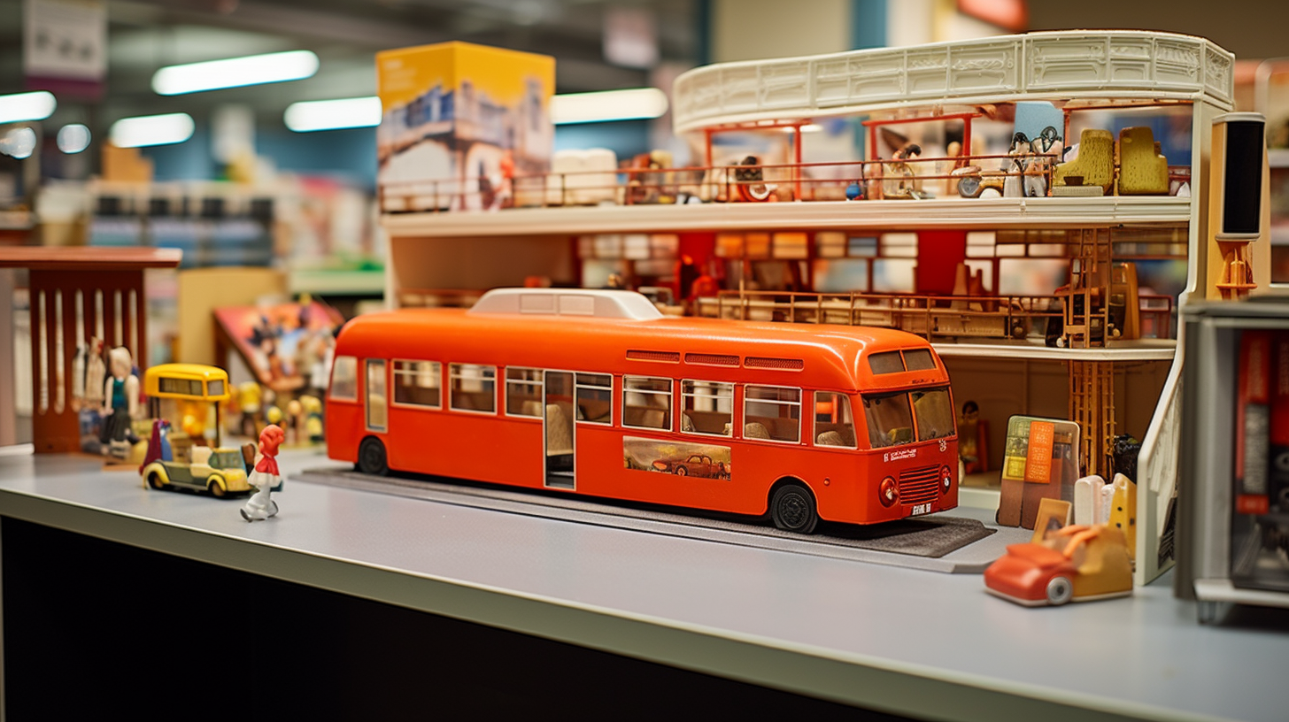 Toys displayed inside bus stand cardboard