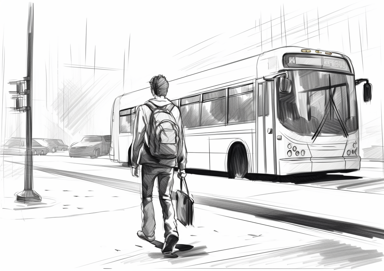 Black and white bus storyboard sketch