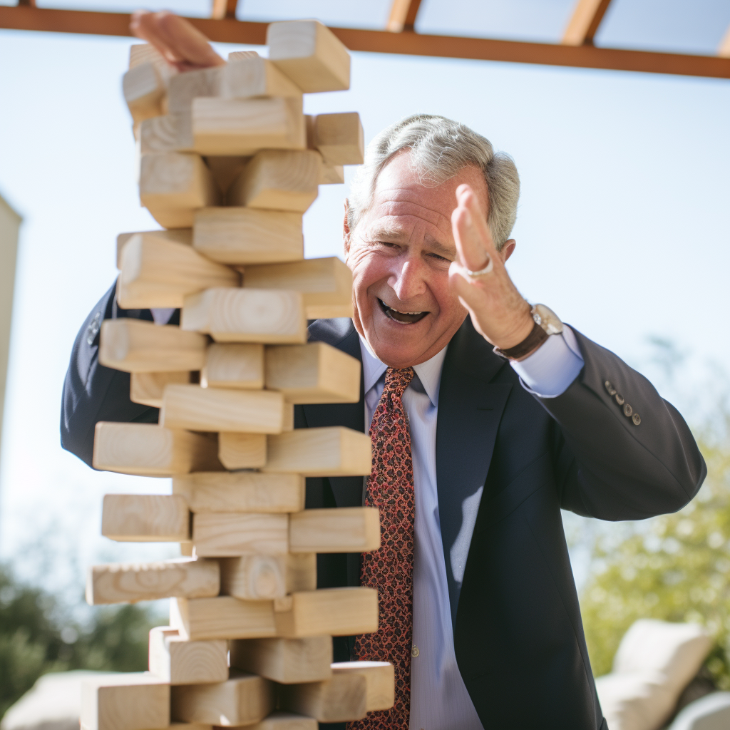 George W Bush playing jenga with airplane model