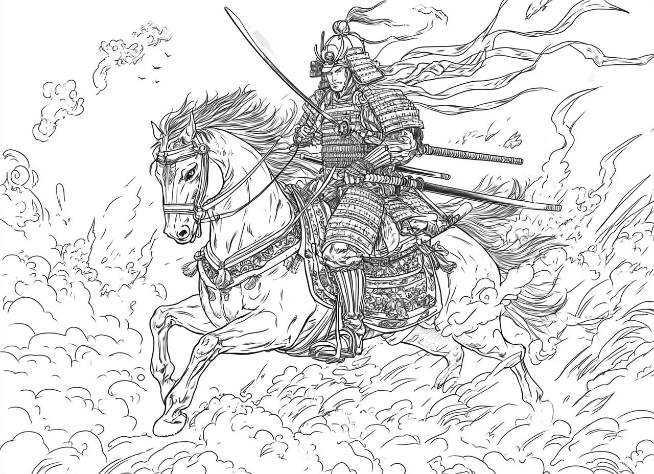 Bushido Samurai Riding Horse Coloring Page