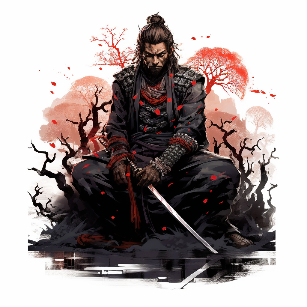 Illustration of bushido dark anime on white background